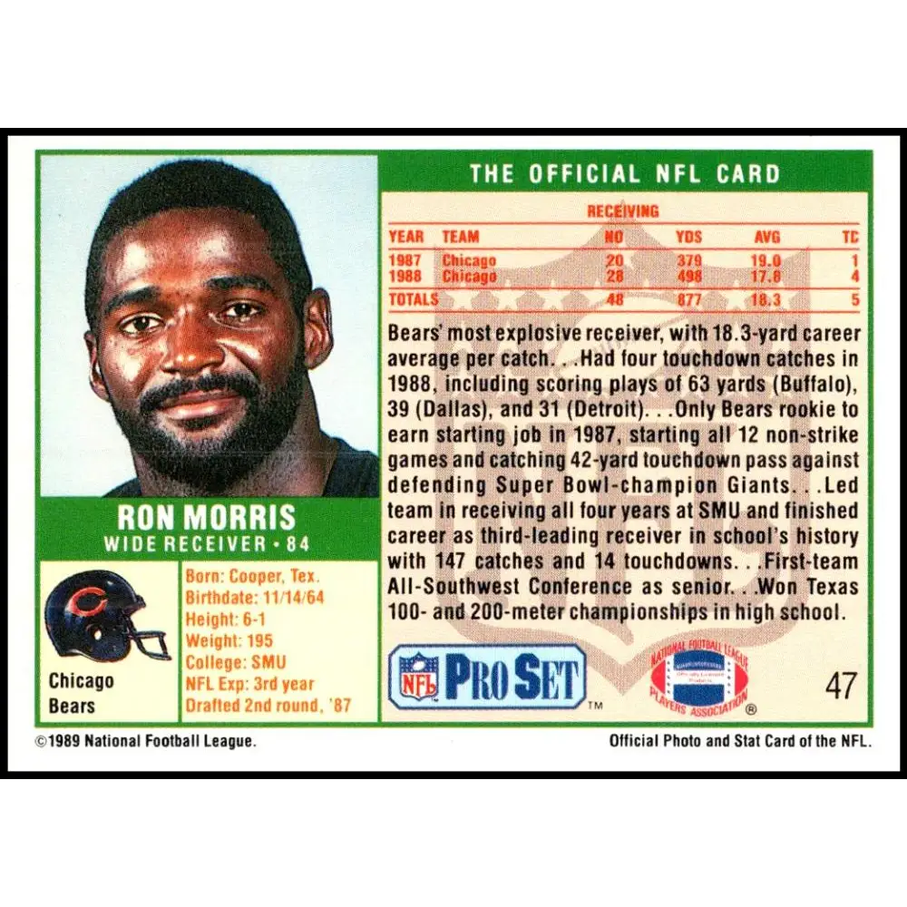 1989 Pro Set #47b Ron Morris NM-MT RC Rookie Chicago Bears Football Card Image 2