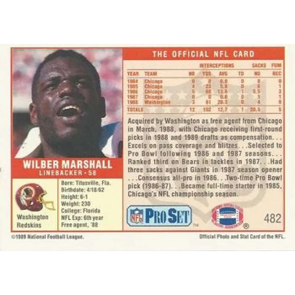 1989 Pro Set #482 Wilber Marshall NM-MT Washington Redskins Football Card Image 2