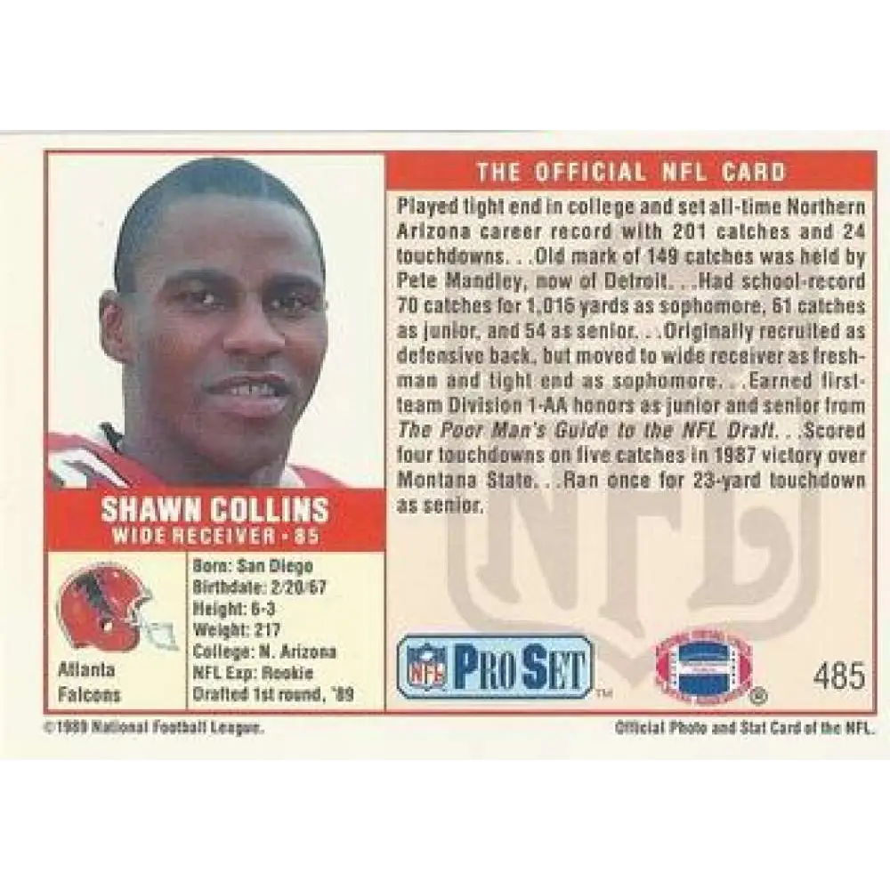 1989 Pro Set #485 Shawn Collins NM-MT RC Rookie Atlanta Falcons Football Card Image 2