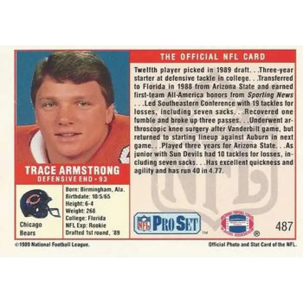 1989 Pro Set #487 Trace Armstrong NM-MT RC Rookie Chicago Bears Football Card Image 2