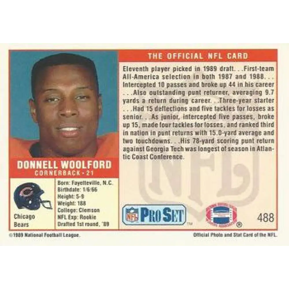 1989 Pro Set #488 Donnell Woolford NM-MT RC Rookie Chicago Bears Football Card Image 2