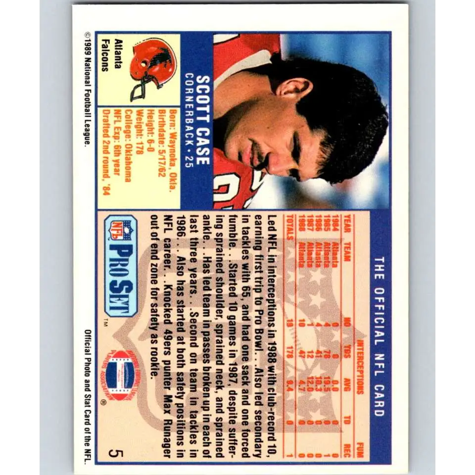 1989 Pro Set #5 Scott Case NM-MT RC Rookie Atlanta Falcons Football Card Image 2