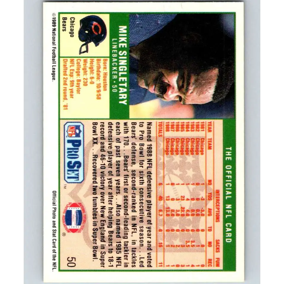 1989 Pro Set #50 Mike Singletary NM-MT Chicago Bears Football Card Image 2