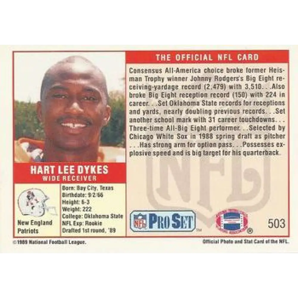 1989 Pro Set #503 Hart Lee Dykes NM-MT RC Rookie New England Patriots Football Card Image 2