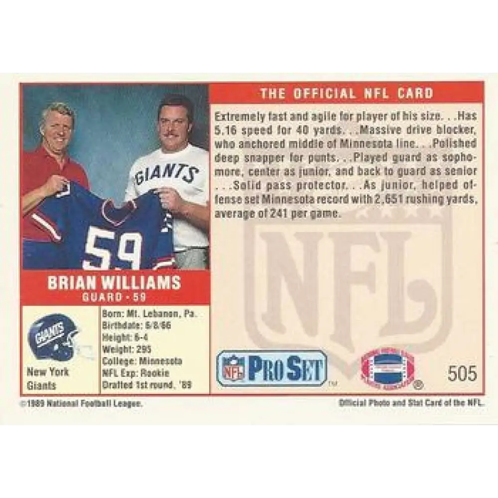 1989 Pro Set #505 Brian Williams NM-MT RC Rookie New York Giants Football Card Image 2