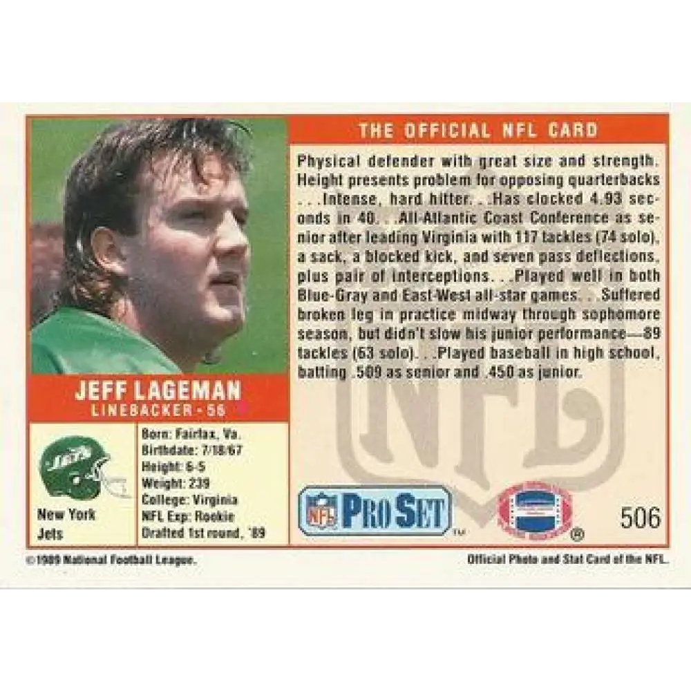 1989 Pro Set #506 Jeff Lageman NM-MT RC Rookie New York Jets Football Card Image 2