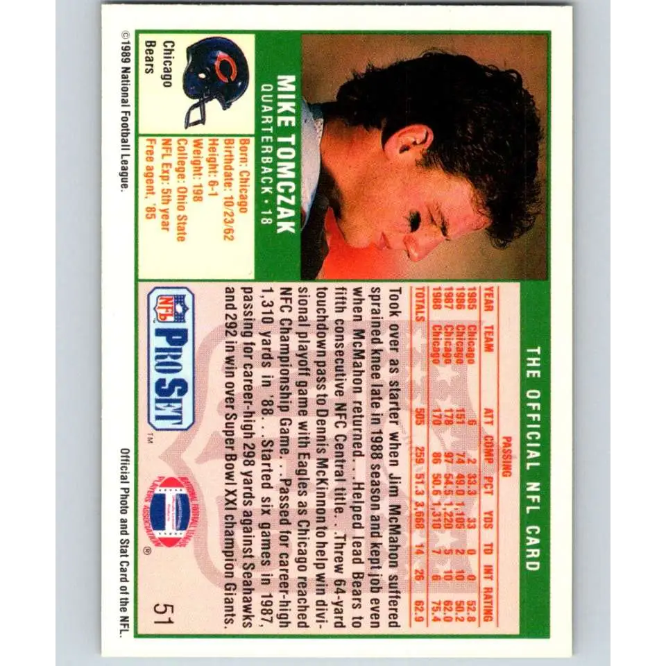1989 Pro Set #51 Mike Tomczak NM-MT Chicago Bears Football Card Image 2