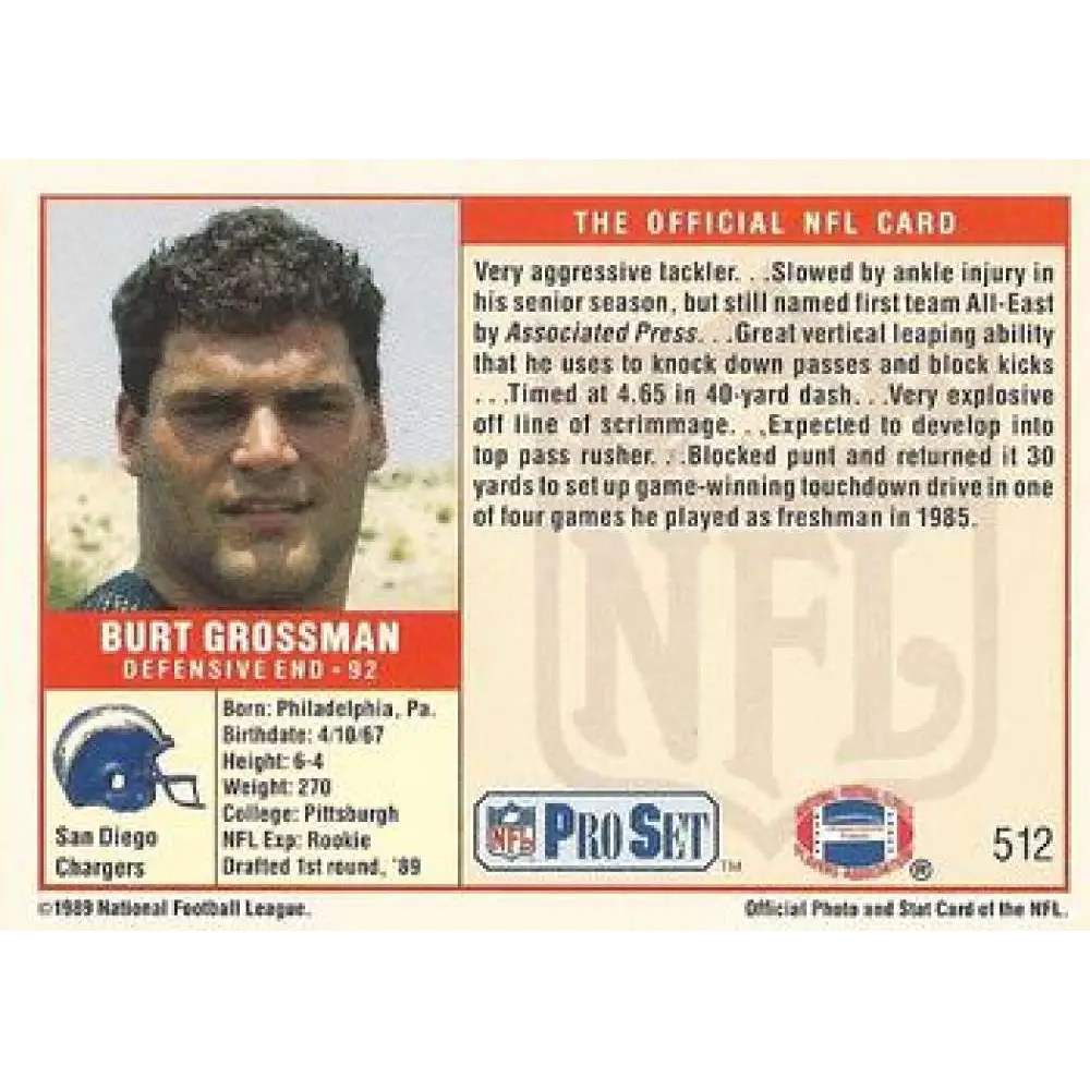 1989 Pro Set #512 Burt Grossman NM-MT RC Rookie San Diego Chargers Football Card Image 2