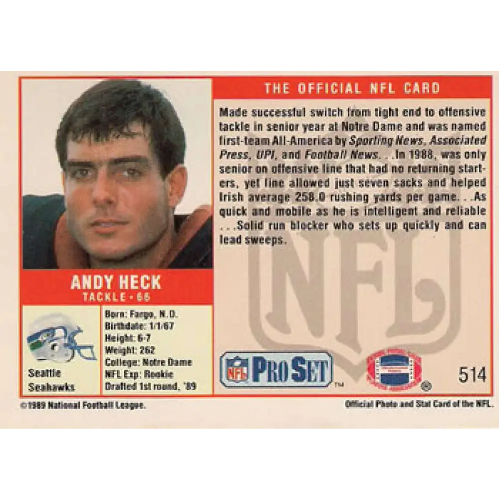 1989 Pro Set #514 Andy Heck NM-MT RC Rookie Seattle Seahawks Football Card Image 2