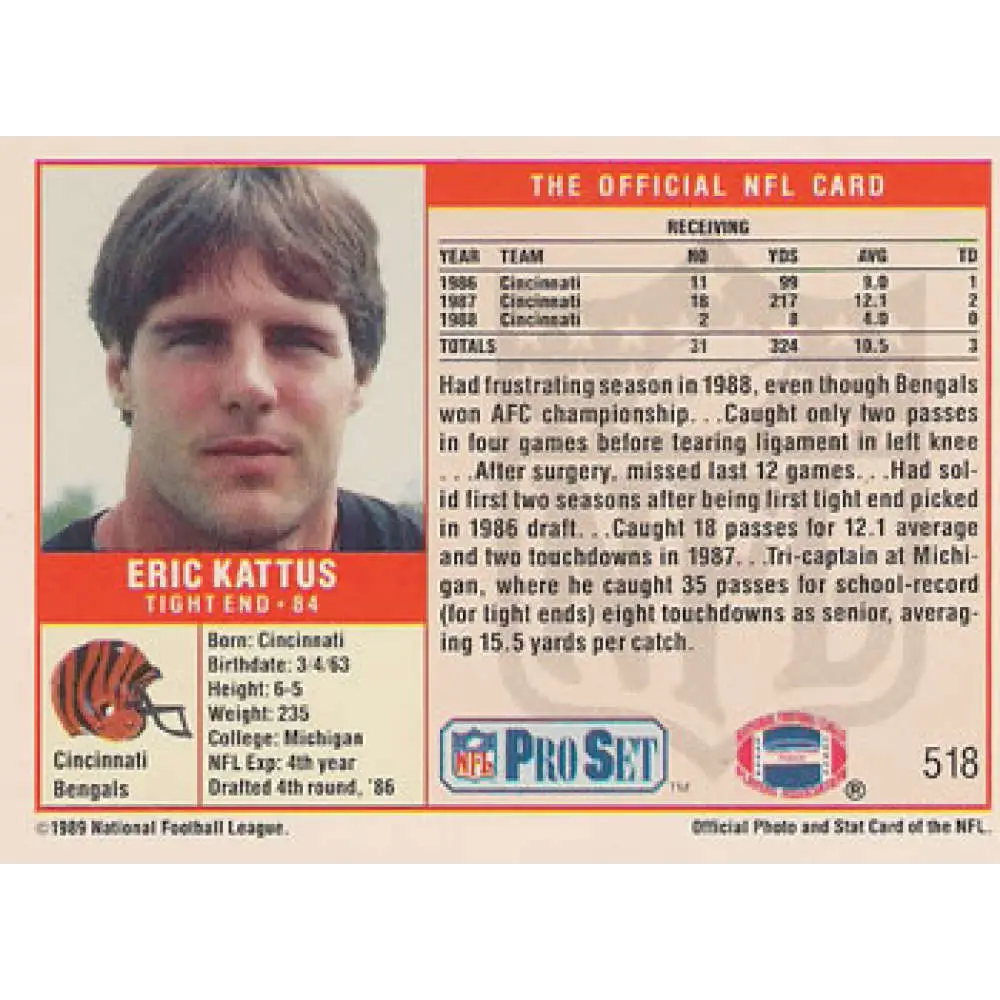 1989 Pro Set #518 Eric Kattus NM-MT Cincinnati Bengals Football Card Image 2