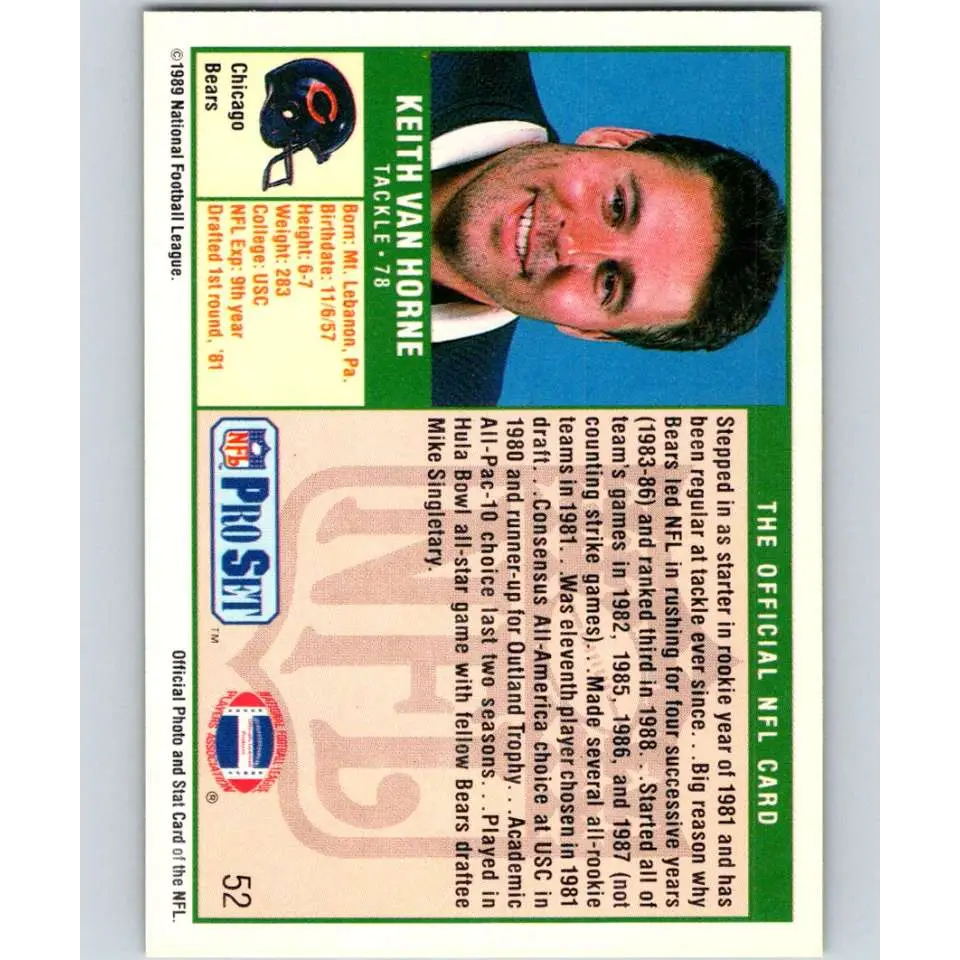 1989 Pro Set #52 Keith Van Horne NM-MT RC Rookie Chicago Bears Football Card Image 2