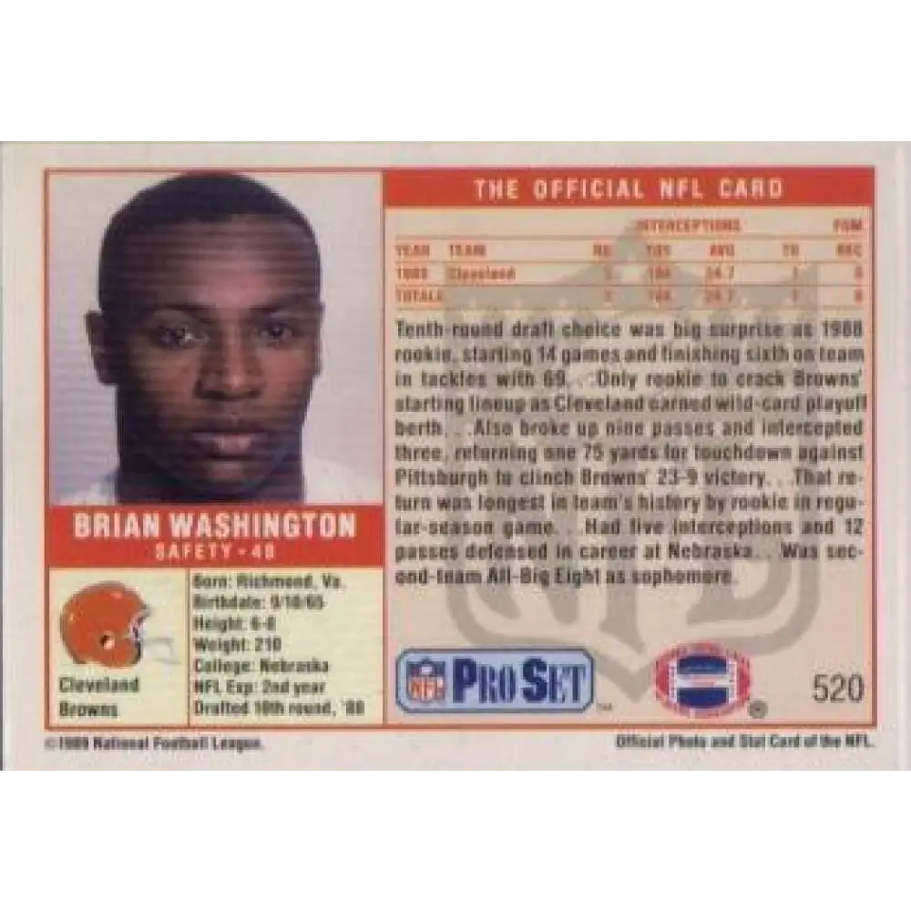 1989 Pro Set #520 Brian Washington NM-MT RC Rookie Cleveland Browns Football Card Image 2