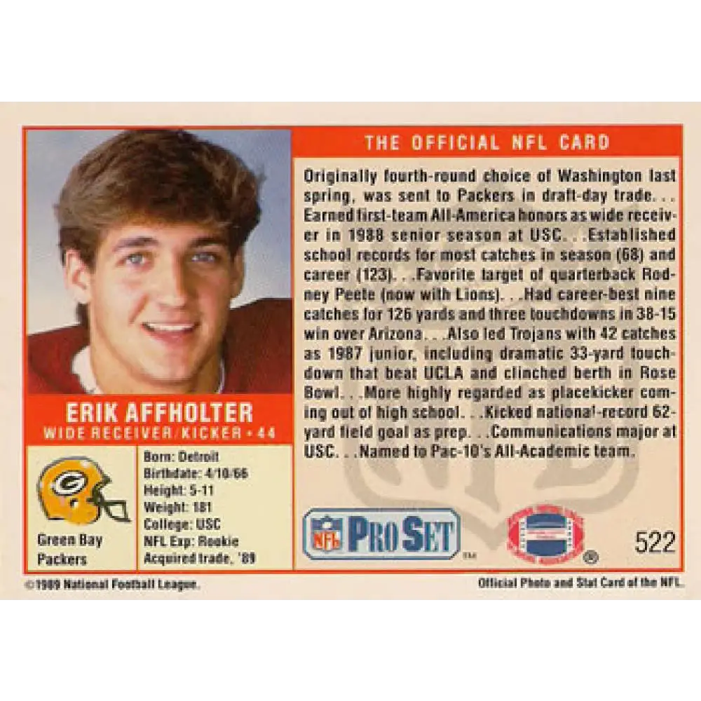 1989 Pro Set #522 Erik Affholter NM-MT RC Rookie Green Bay Packers Football Card Image 2