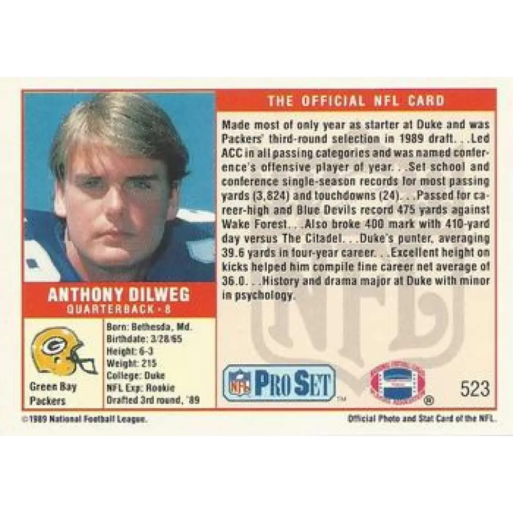 1989 Pro Set #523 Anthony Dilweg NM-MT RC Rookie Green Bay Packers Football Card Image 2