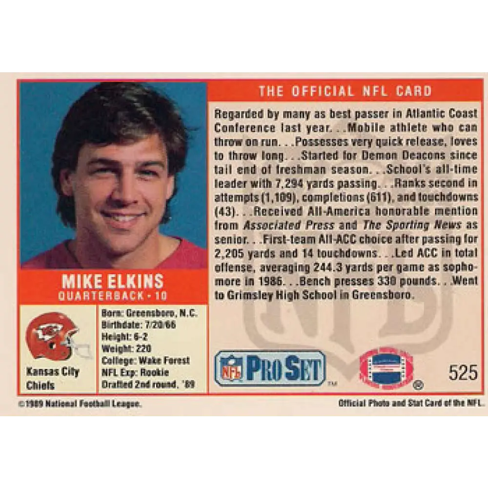 1989 Pro Set #525 Mike Elkins NM-MT RC Rookie Kansas City Chiefs Football Card Image 2