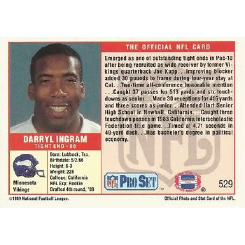 1989 Pro Set #529 Darryl Ingram NM-MT RC Rookie Minnesota Vikings Football Card Image 2
