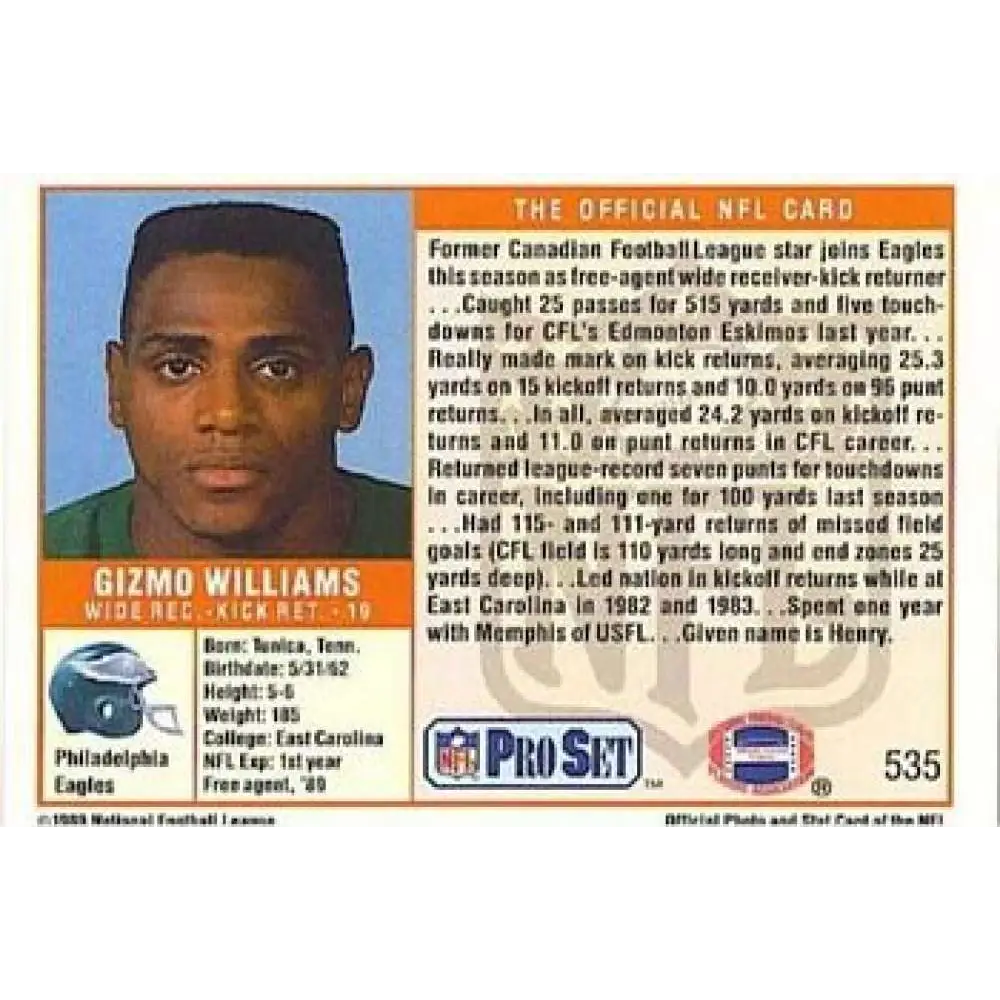 1989 Pro Set #535c Gizmo Williams NM-MT RC Rookie Philadelphia Eagles Football Card Image 2