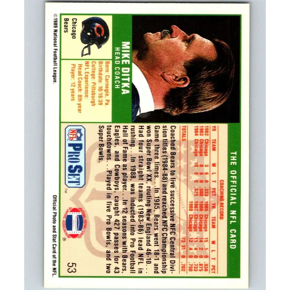 1989 Pro Set #53a Mike Ditka CO NM-MT Chicago Bears Football Card Image 2