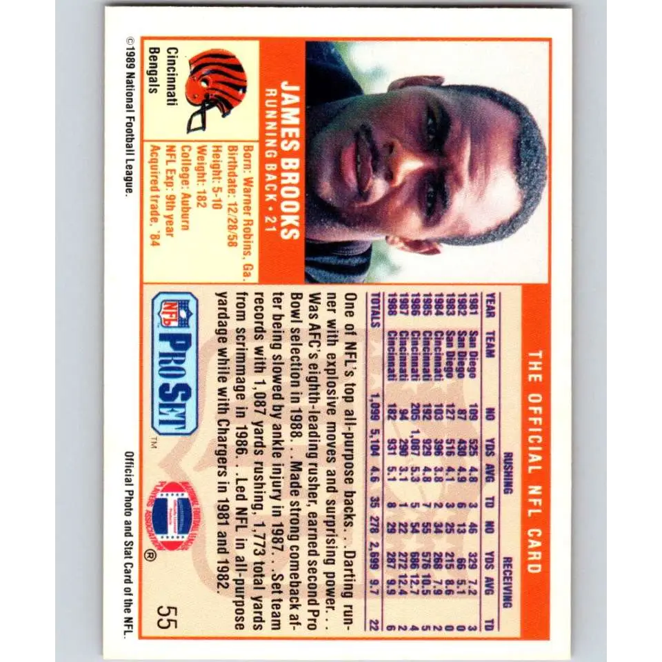 1989 Pro Set #55 James Brooks NM-MT Cincinnati Bengals Football Card Image 2