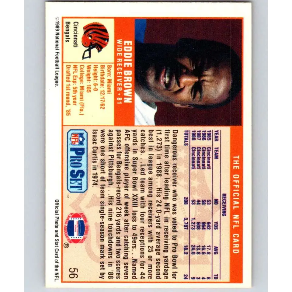 1989 Pro Set #56 Eddie Brown NM-MT Cincinnati Bengals Football Card Image 2