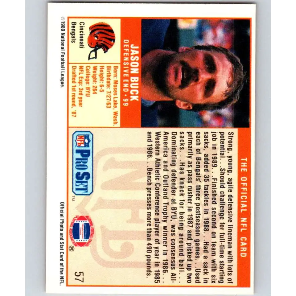 1989 Pro Set #57 Jason Buck NM-MT RC Rookie Cincinnati Bengals Football Card Image 2