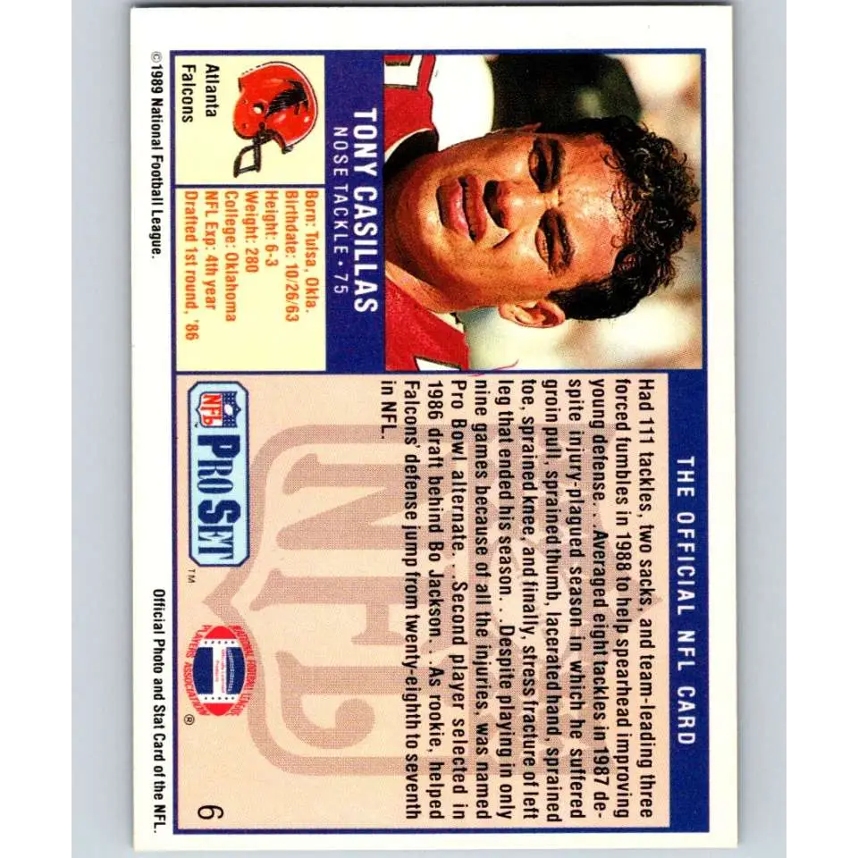 1989 Pro Set #6 Tony Casillas NM-MT Atlanta Falcons Football Card Image 2