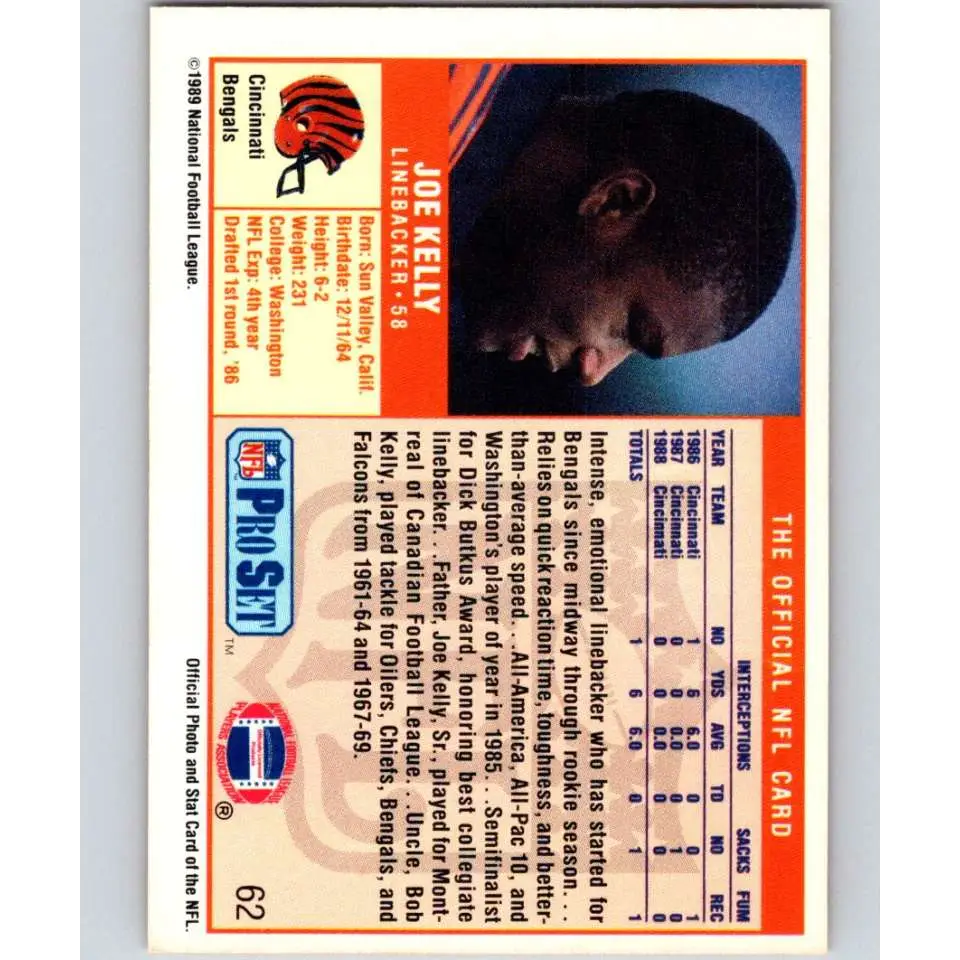 1989 Pro Set #62 Joe Kelly NM-MT RC Rookie Cincinnati Bengals Football Card Image 2