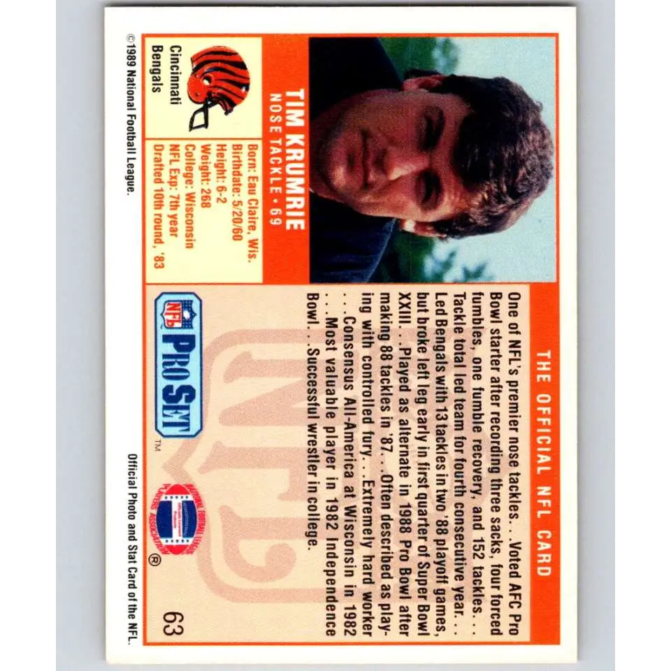 1989 Pro Set #63 Tim Krumrie NM-MT Cincinnati Bengals Football Card Image 2