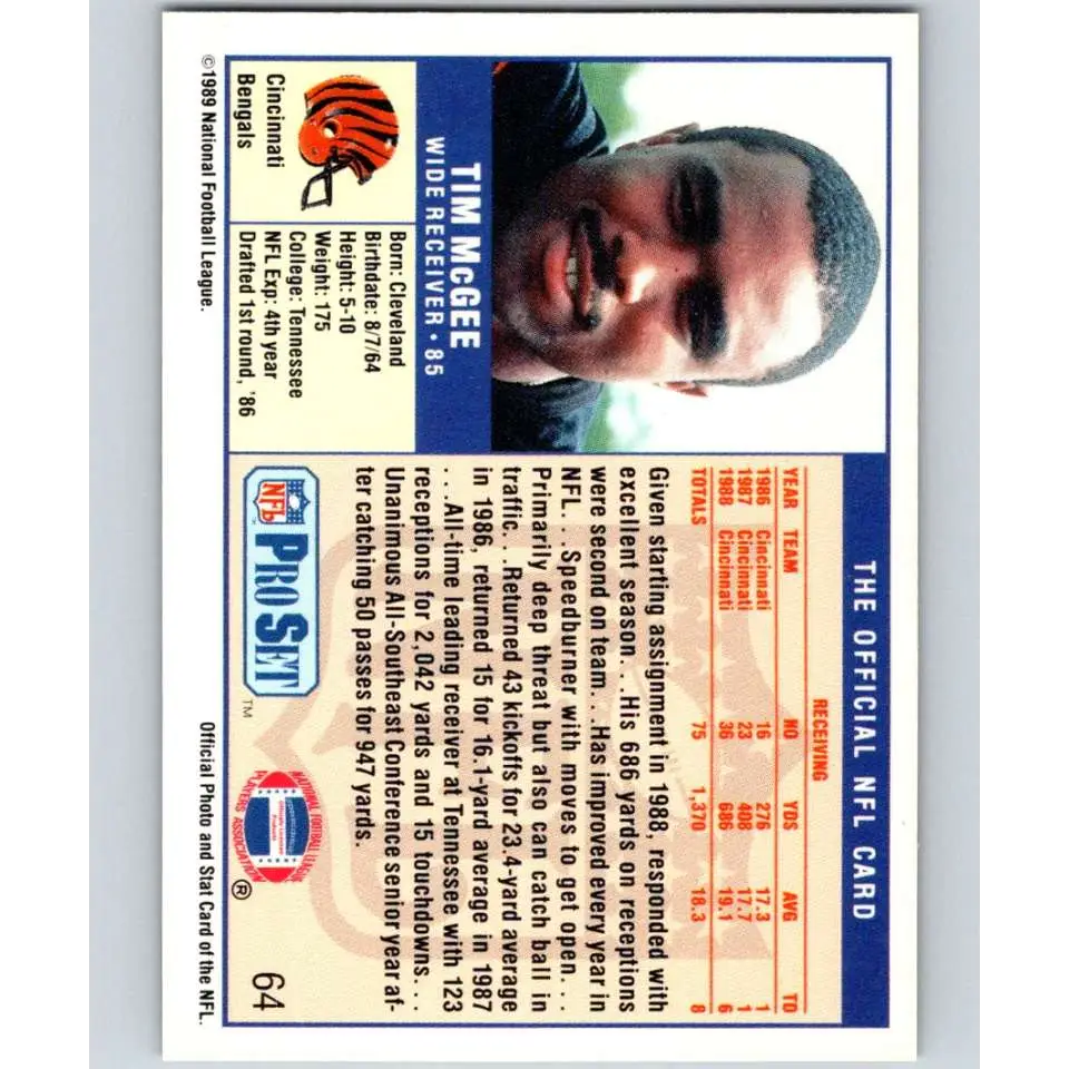 1989 Pro Set #64 Tim McGee NM-MT Cincinnati Bengals Football Card Image 2
