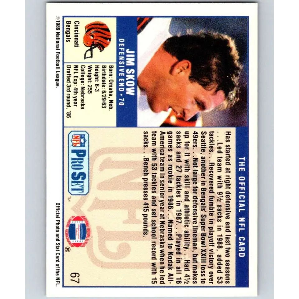 1989 Pro Set #67 Jim Skow NM-MT Cincinnati Bengals Football Card Image 2