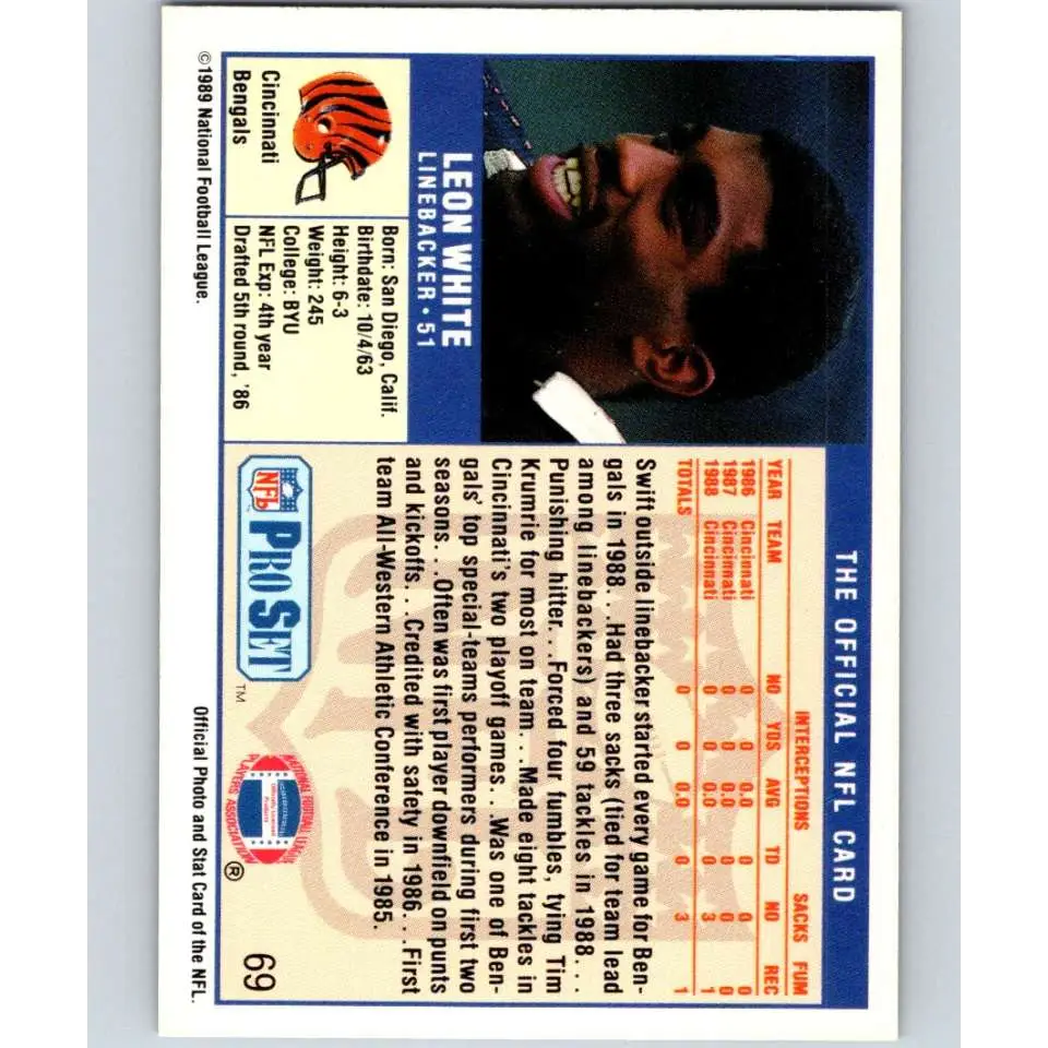 1989 Pro Set #69 Leon White NM-MT Cincinnati Bengals Football Card Image 2