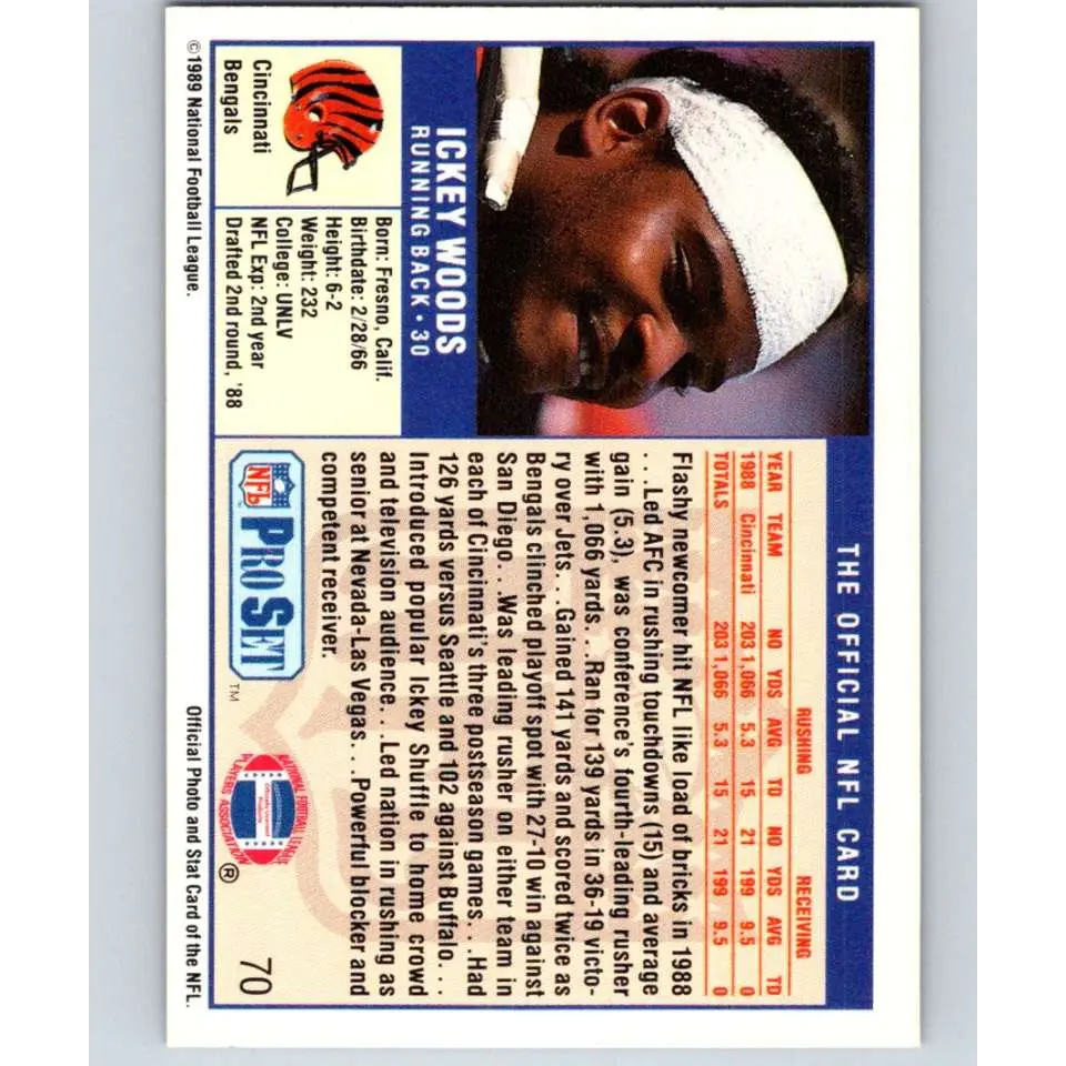 1989 Pro Set #70 Ickey Woods NM-MT RC Rookie Cincinnati Bengals Football Card Image 2