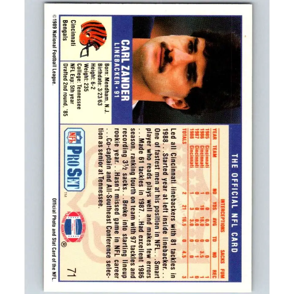1989 Pro Set #71 Carl Zander NM-MT Cincinnati Bengals Football Card Image 2