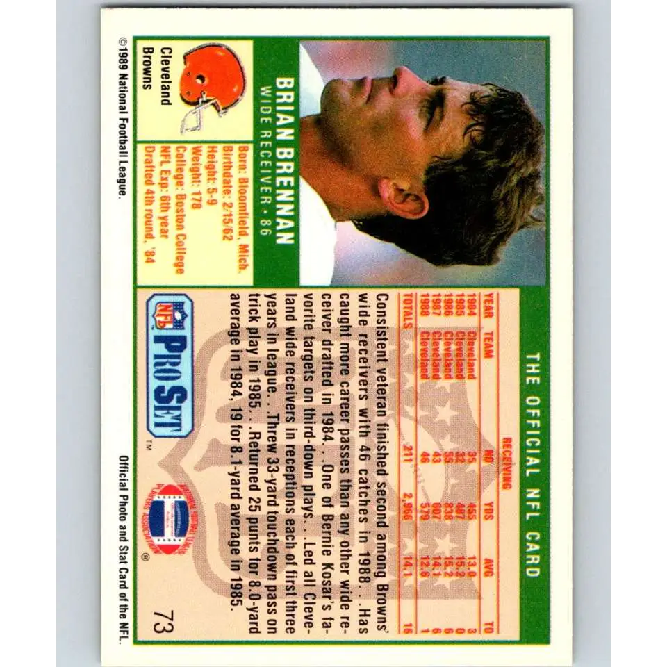 1989 Pro Set #73 Brian Brennan NM-MT Cleveland Browns Football Card Image 2