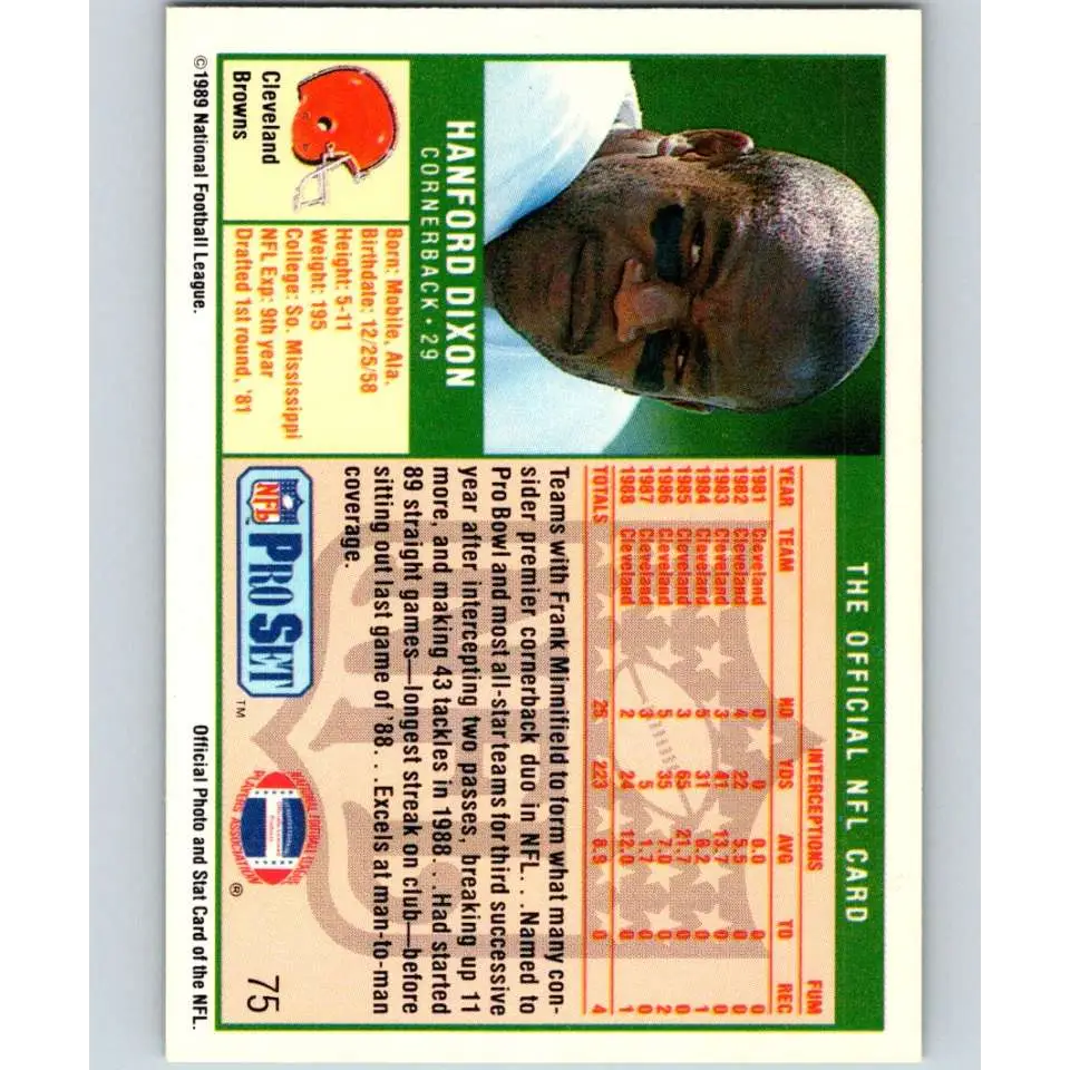 1989 Pro Set #75 Hanford Dixon NM-MT Cleveland Browns Football Card Image 2