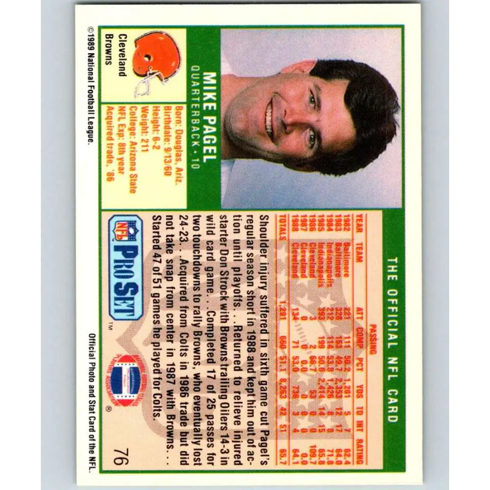1989 Pro Set #76 Mike Pagel NM-MT Cleveland Browns Football Card Image 2