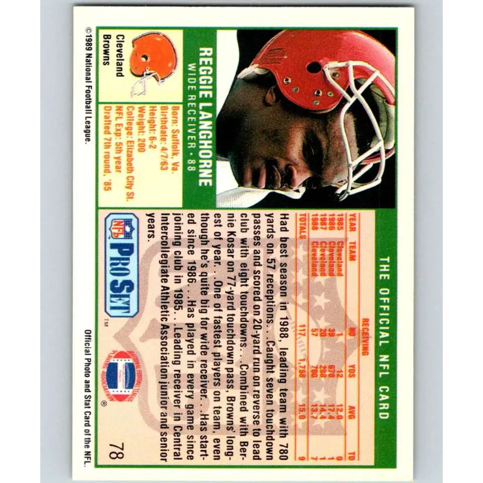 1989 Pro Set #78 Reggie Langhorne NM-MT RC Rookie Cleveland Browns Football Card Image 2