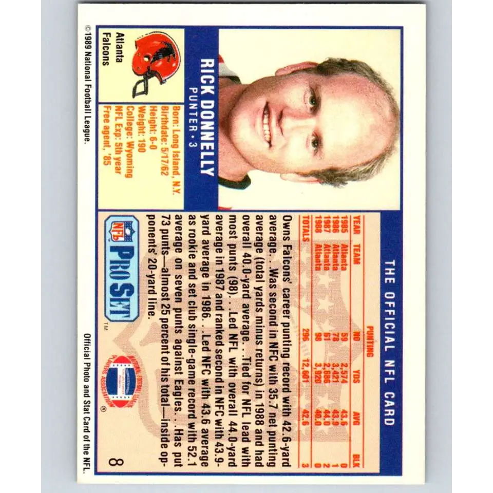 1989 Pro Set #8 Rick Donnelly NM-MT Atlanta Falcons Football Card Image 2