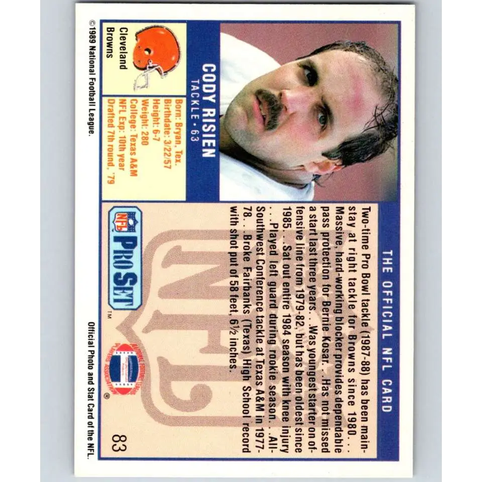 1989 Pro Set #83 Cody Risien NM-MT Cleveland Browns Football Card Image 2