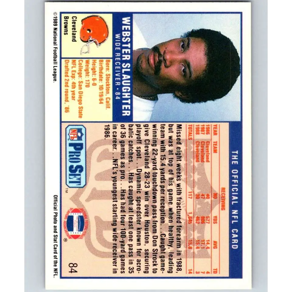 1989 Pro Set #84 Webster Slaughter NM-MT Cleveland Browns Football Card Image 2