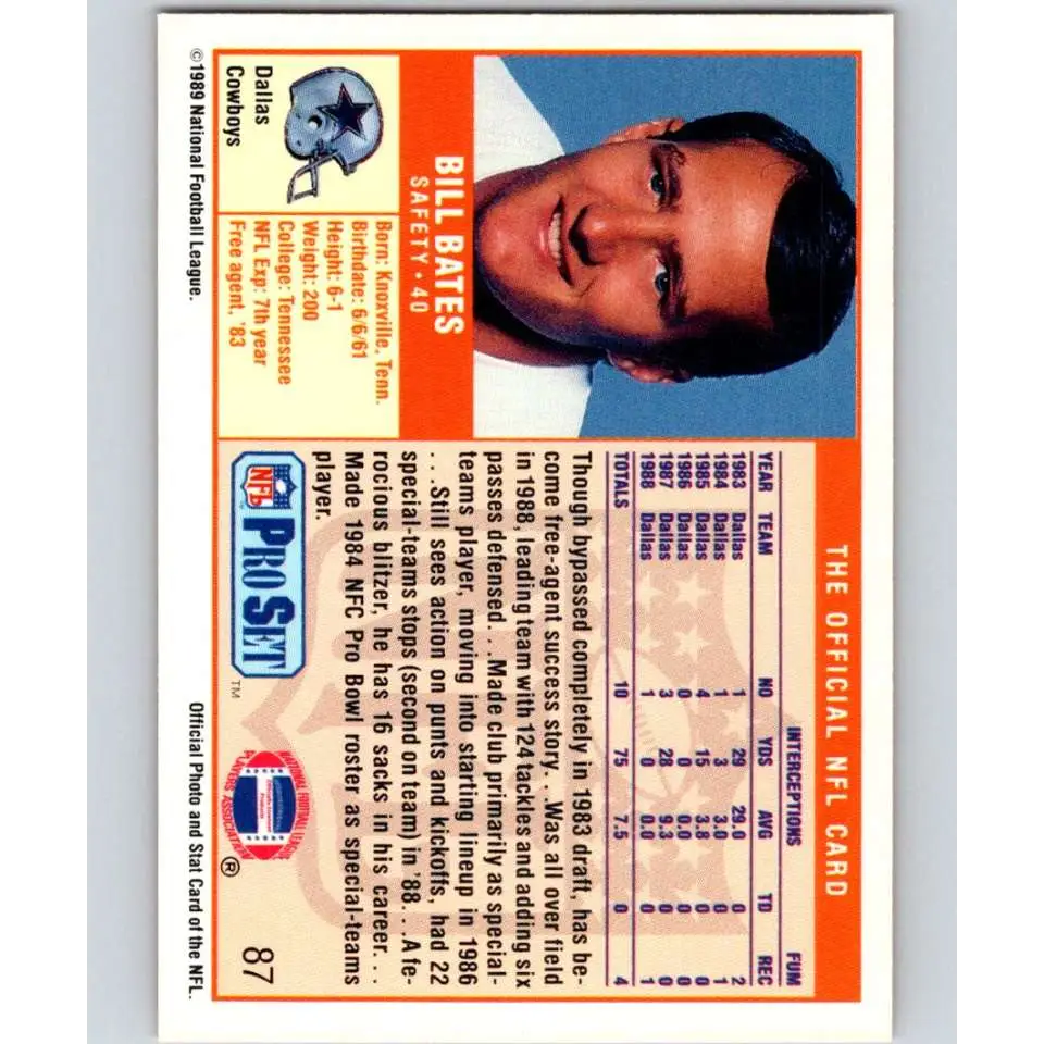 1989 Pro Set #87 Bill Bates NM-MT Dallas Cowboys Football Card Image 2
