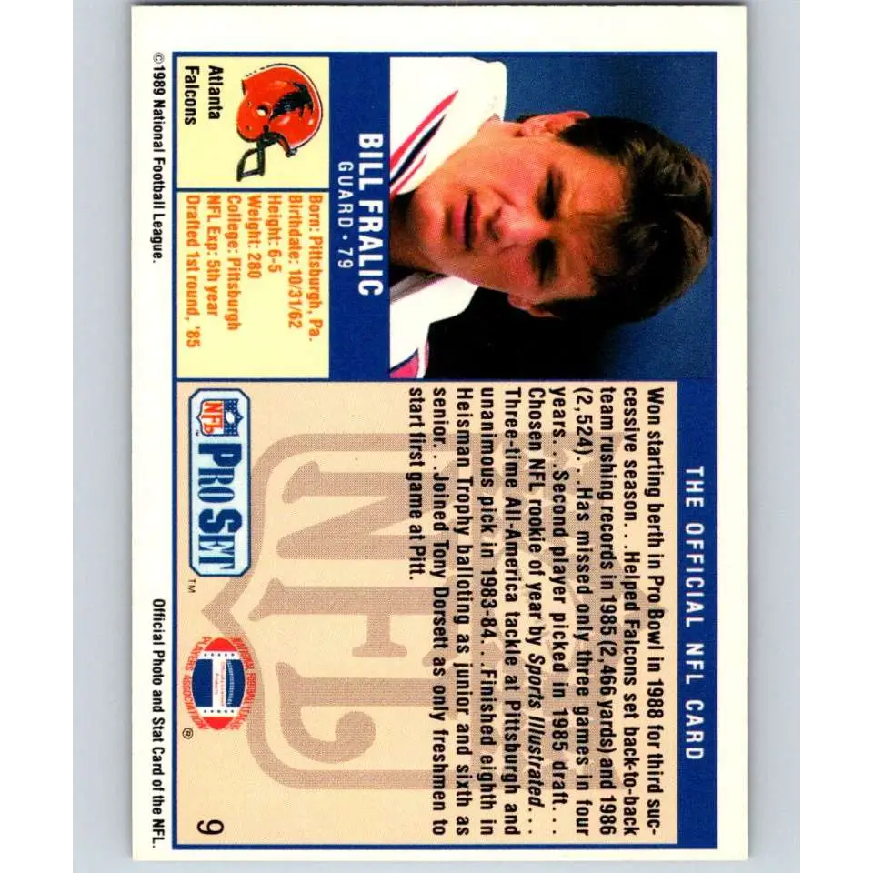 1989 Pro Set #9 Bill Fralic NM-MT Atlanta Falcons Football Card Image 2