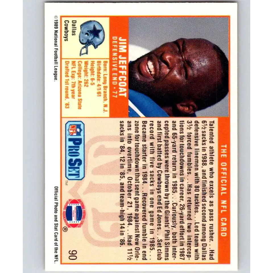 1989 Pro Set #90 Jim Jeffcoat NM-MT Dallas Cowboys Football Card Image 2