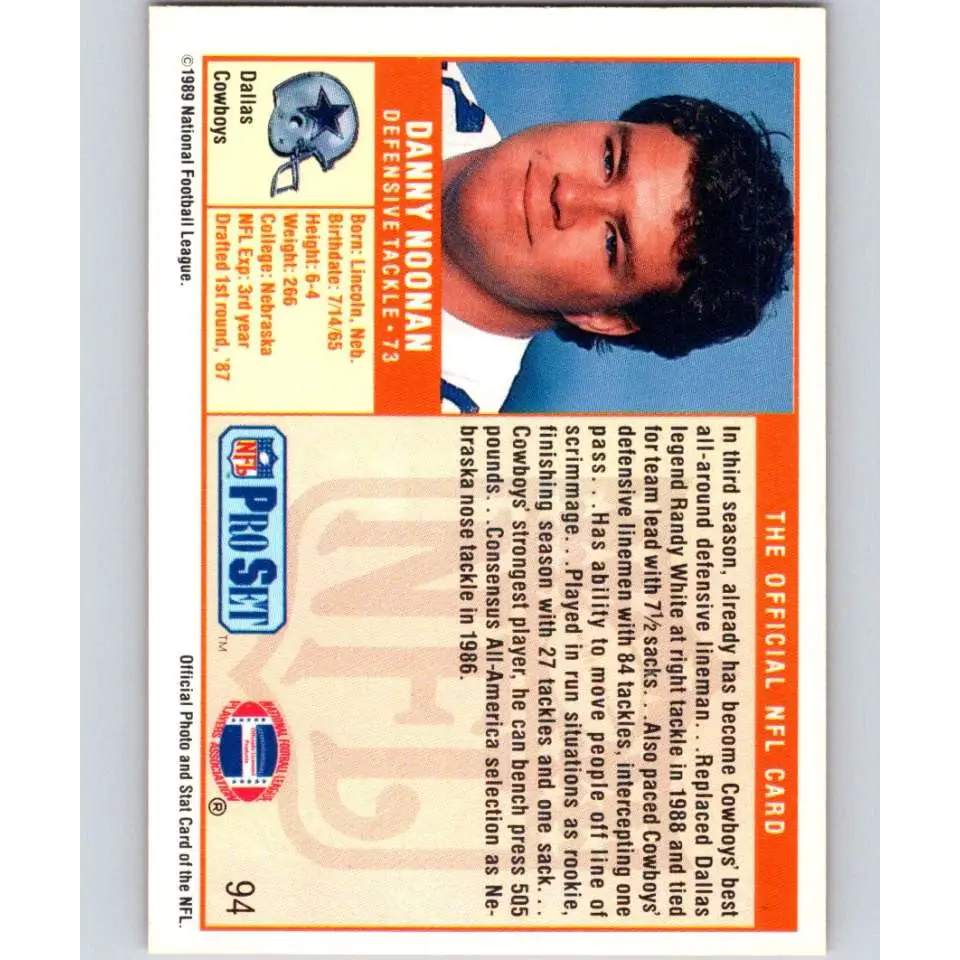 1989 Pro Set #94 Danny Noonan NM-MT RC Rookie Dallas Cowboys Football Card Image 2