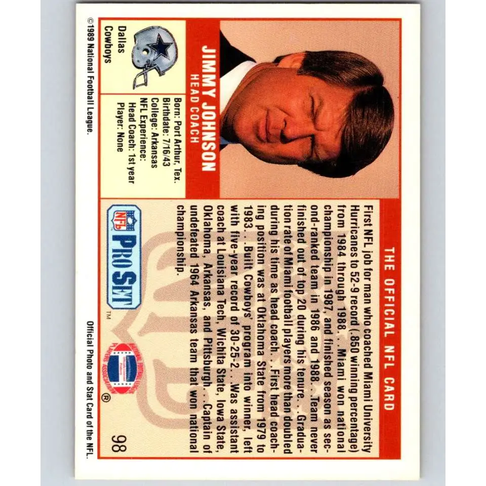 1989 Pro Set #98 Jimmy Johnson CO NM-MT RC Rookie Dallas Cowboys Football Card Image 2