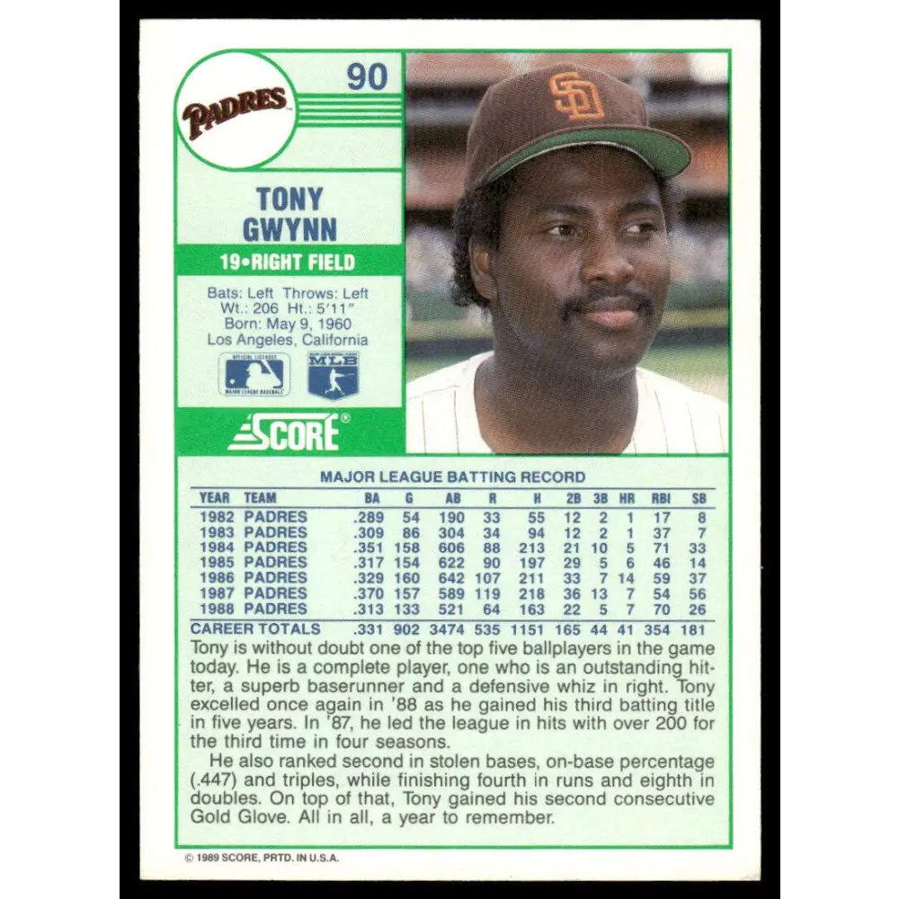 1989 Score #90 Tony Gwynn NM/MT San Diego Padres Baseball Card Image 2
