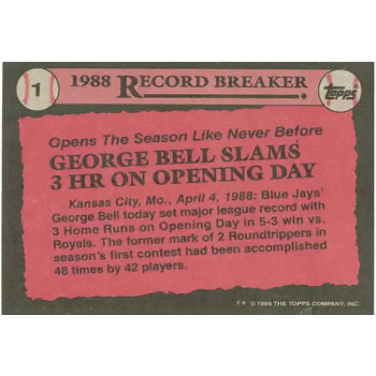 1989 Topps #1 George Bell RB NM-MT Toronto Blue Jays Baseball Card Image 2