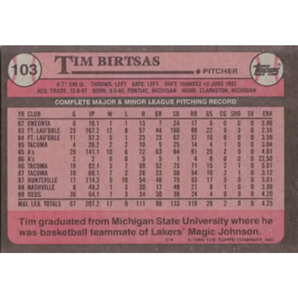 1989 Topps #103 Tim Birtsas NM-MT Cincinnati Reds Baseball Card Image 2