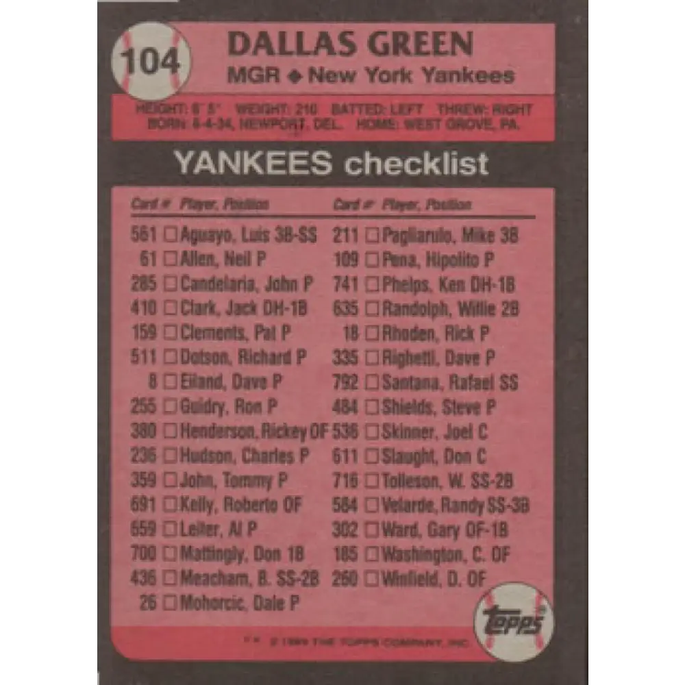 1989 Topps #104 Dallas Green MG NM-MT New York Yankees Baseball Card Image 2