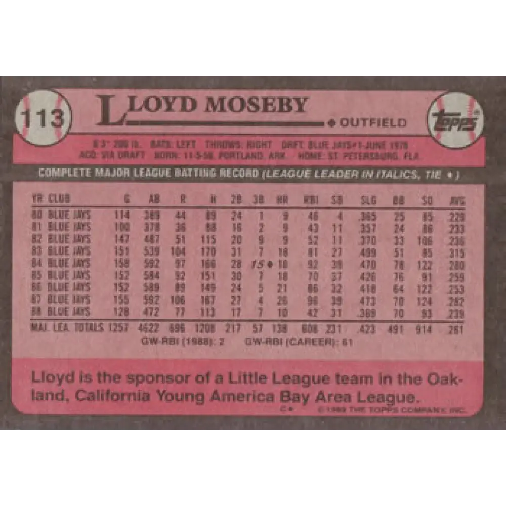 1989 Topps #113 Lloyd Moseby NM-MT Toronto Blue Jays Baseball Card Image 2